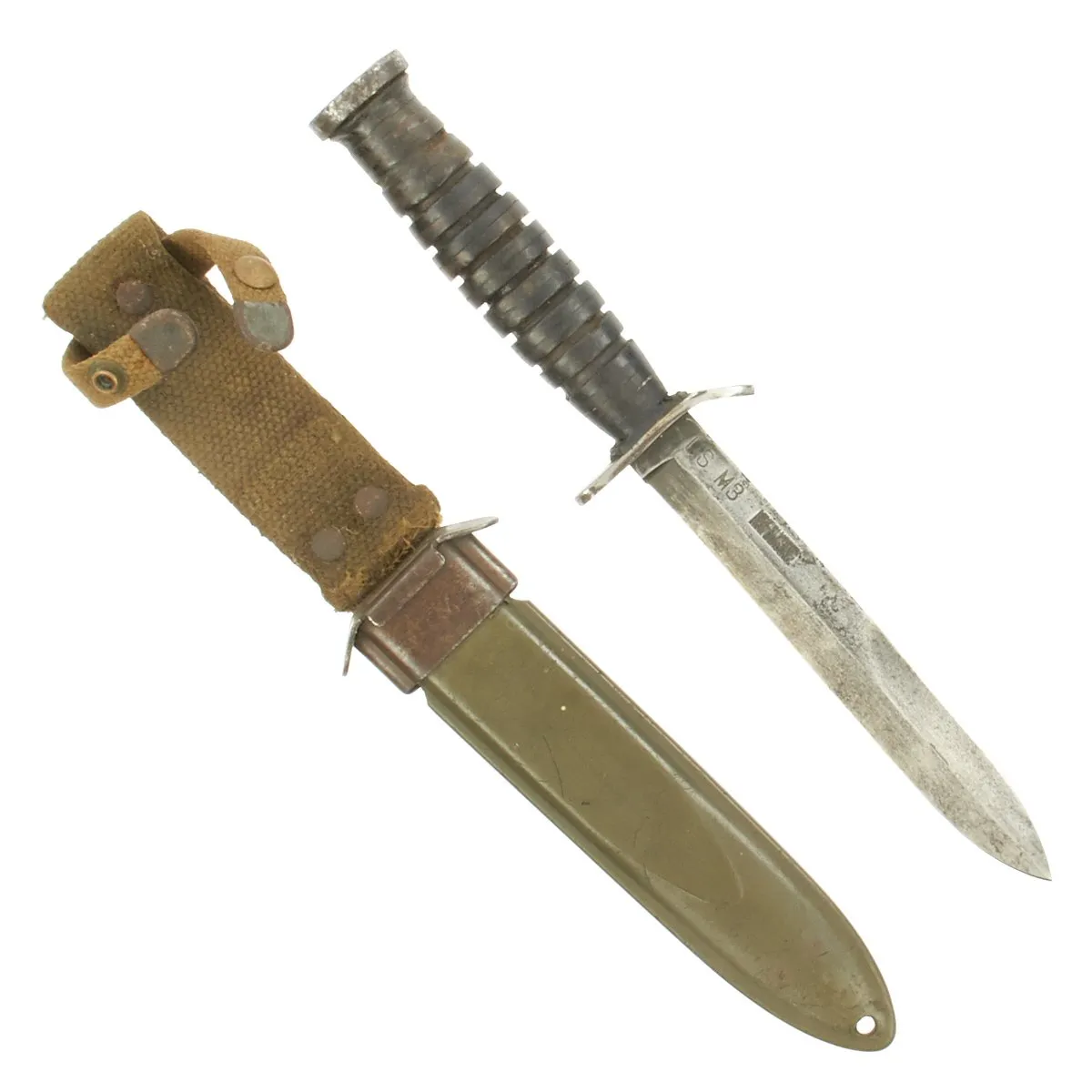 Original U.S. WWII M3 Fighting Knife by Kinfolks, Inc. with M8 Scabbard - Early Blade Marked Version