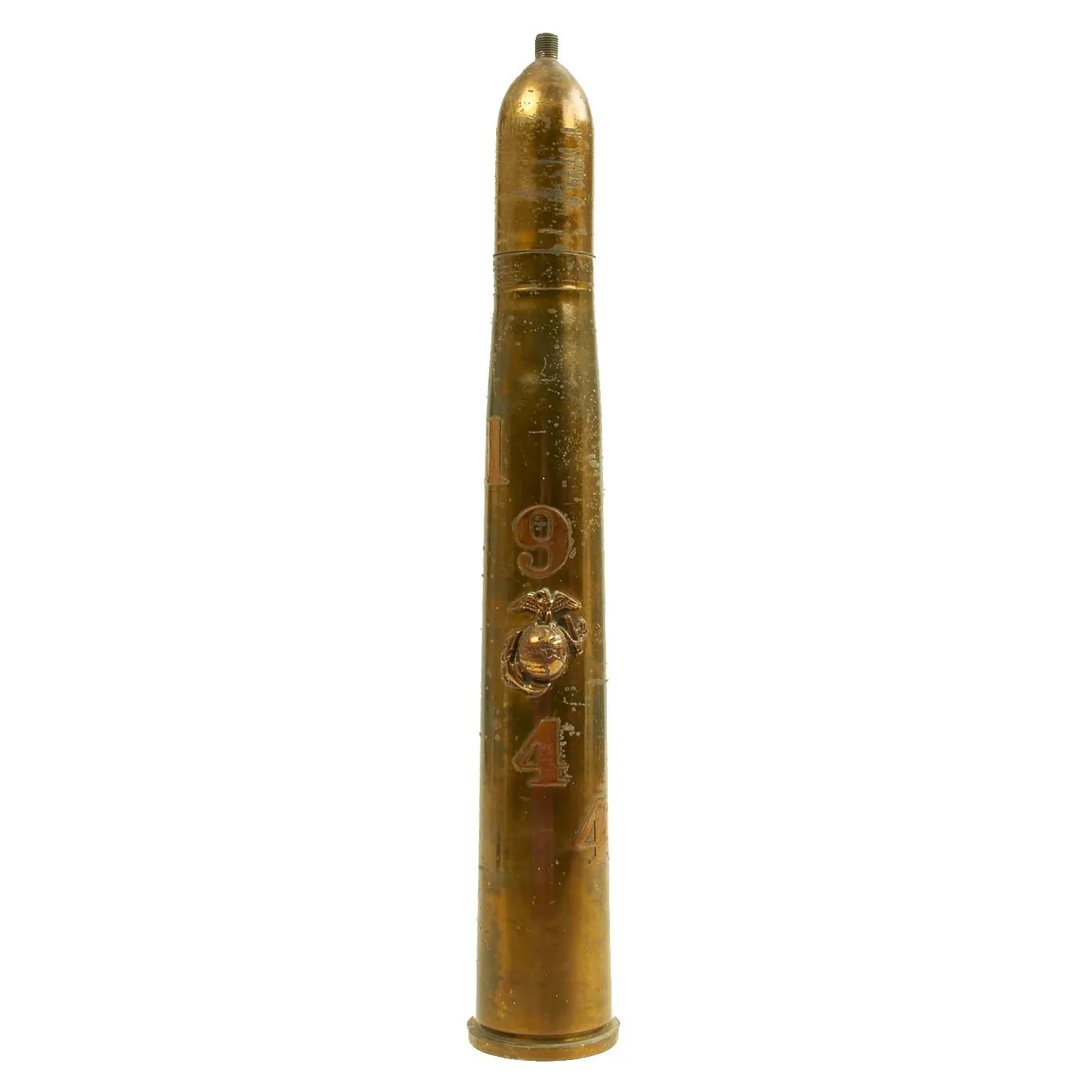 Original U.S. WWII Marine Corps Trench Art Decorated BOFORS 40mm Mk1 Inert Shell - dated 1943 & 1944