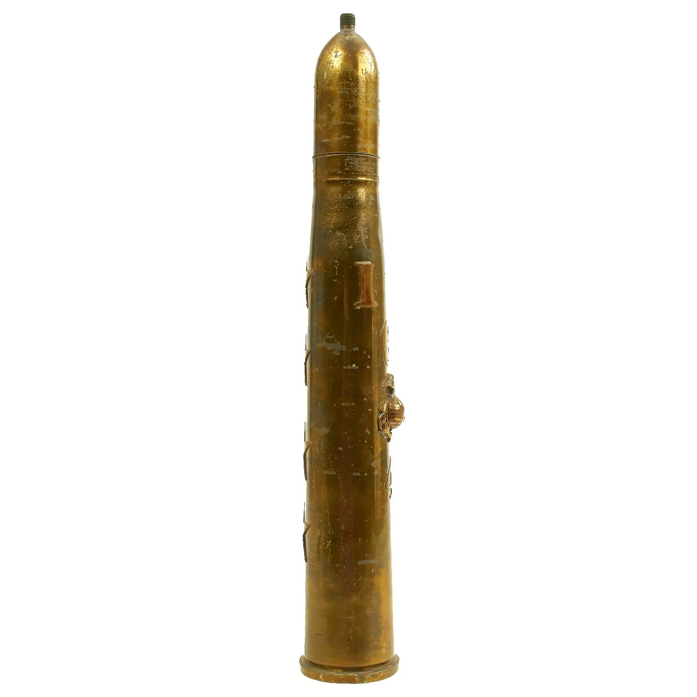 Original U.S. WWII Marine Corps Trench Art Decorated BOFORS 40mm Mk1 Inert Shell - dated 1943 & 1944