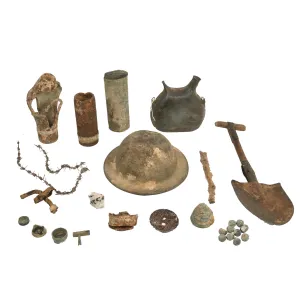 Original WWI French Battlefield Excavated Relic Collection - Helmet, Canteen, Barbed Wire, Inert F-1 Grenade Shells & More!