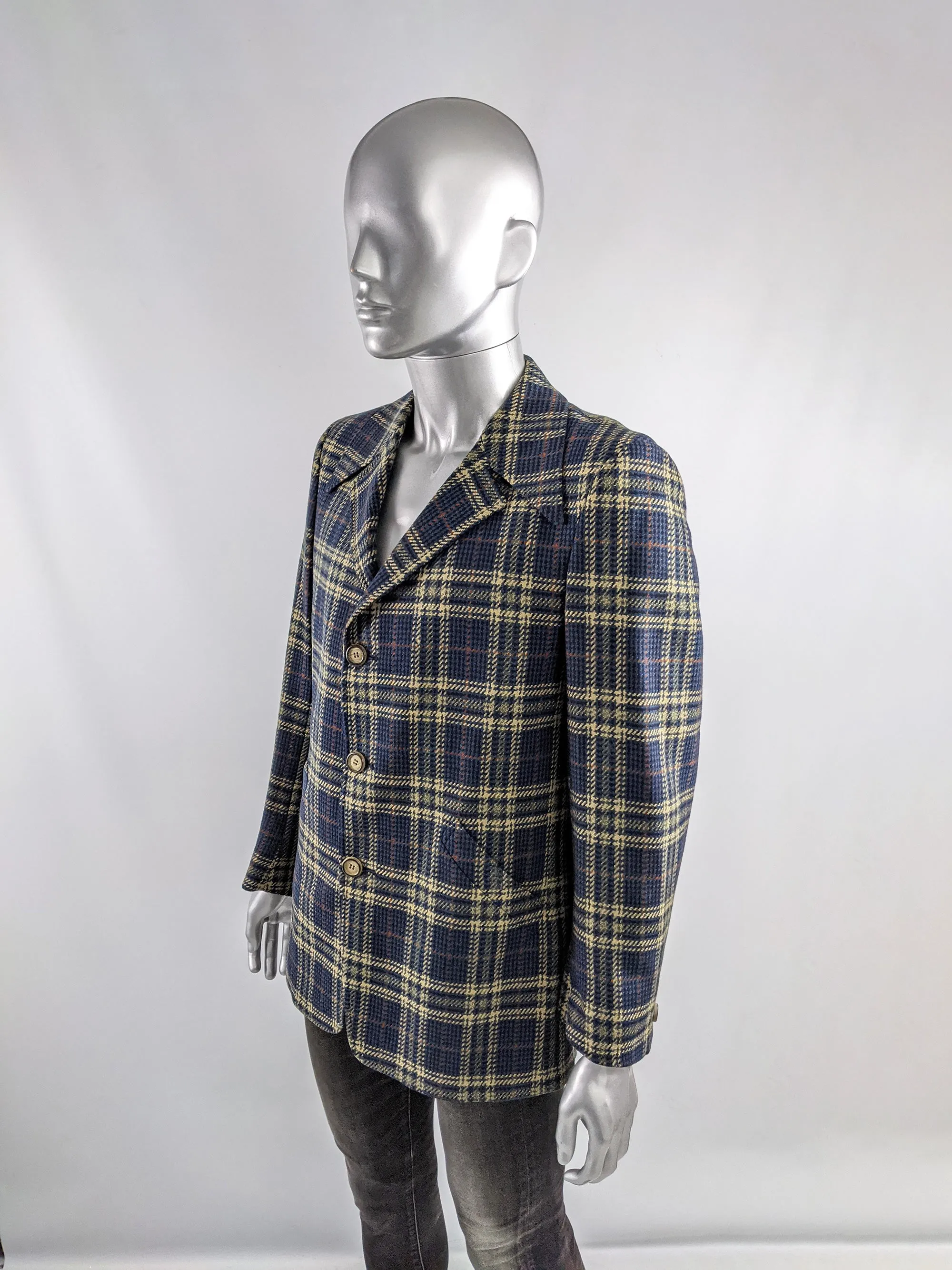 Simon of London Vintage Mens Blue Pure Wool Checked Jacket, 1970s