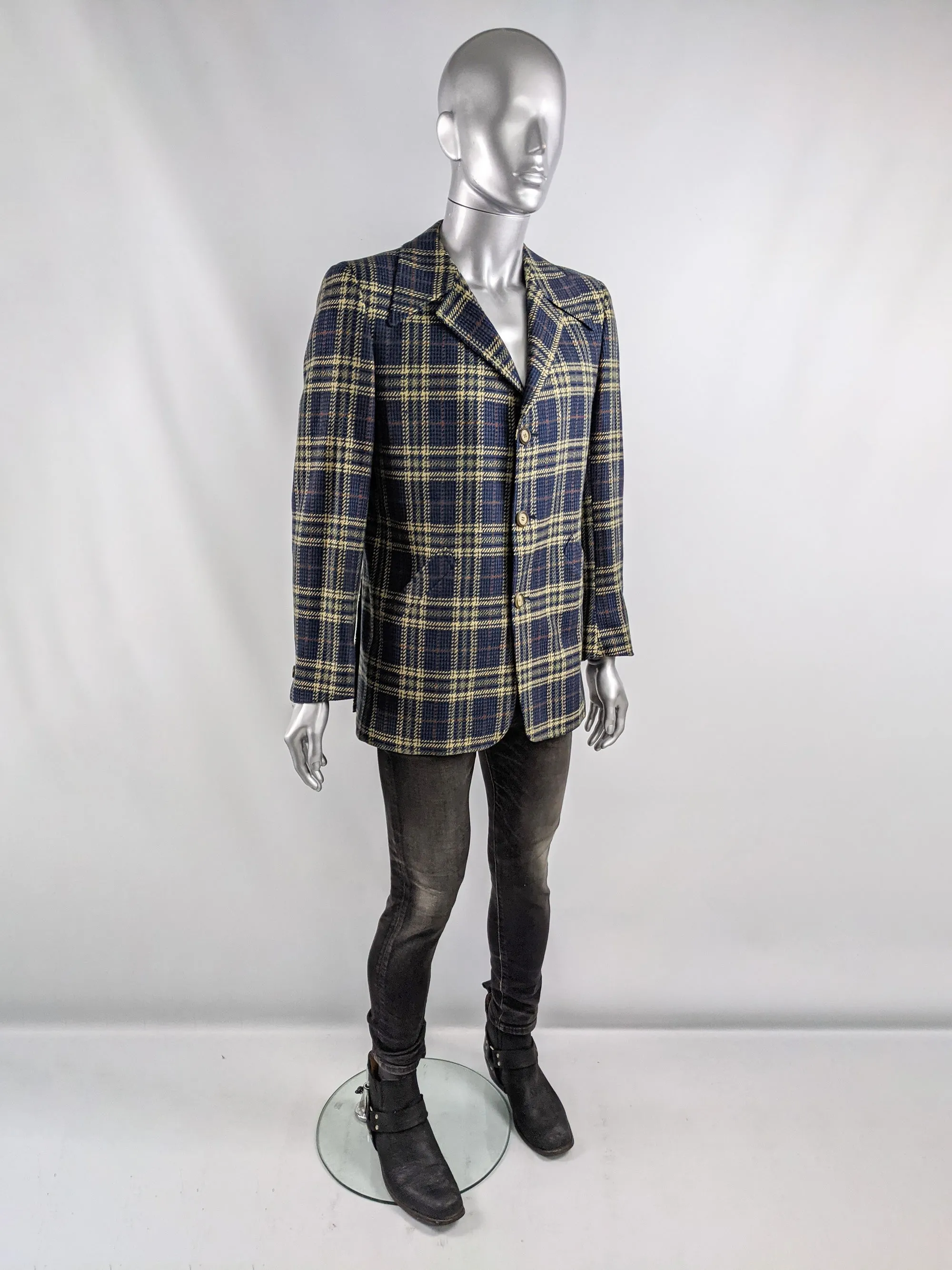 Simon of London Vintage Mens Blue Pure Wool Checked Jacket, 1970s