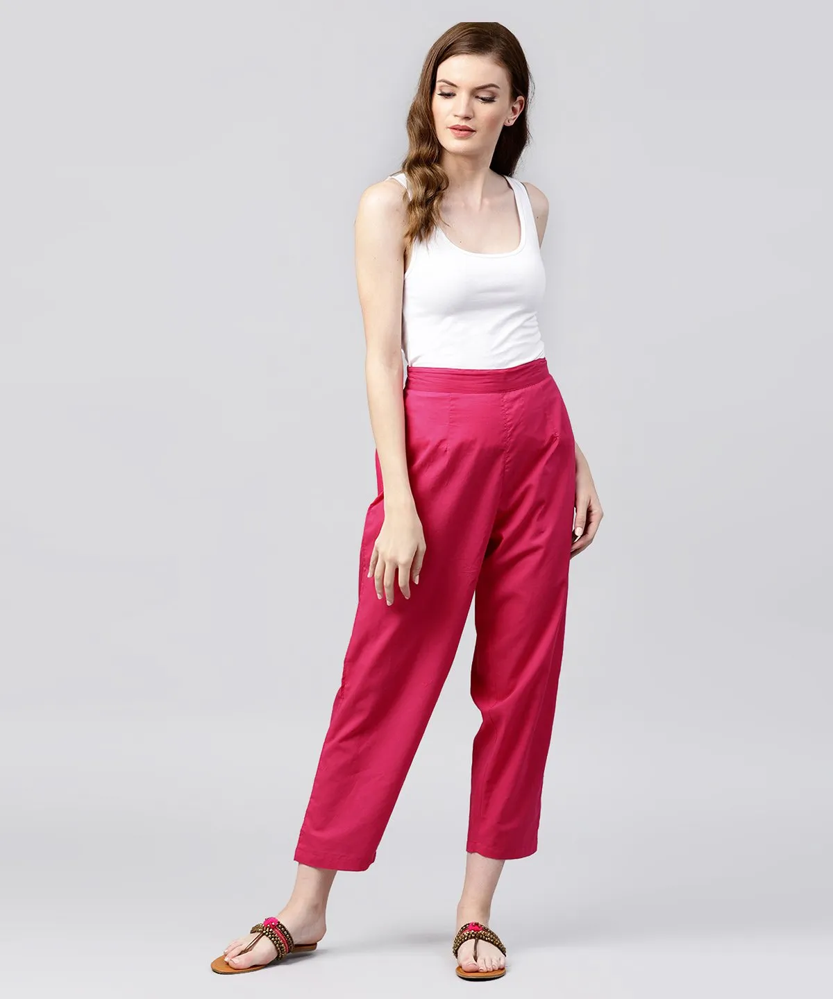 Solid Pink Ankle Length Cotton Regular Fit Trouser