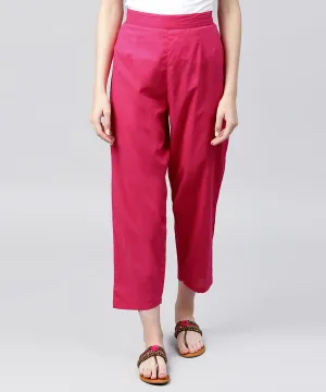 Solid Pink Ankle Length Cotton Regular Fit Trouser