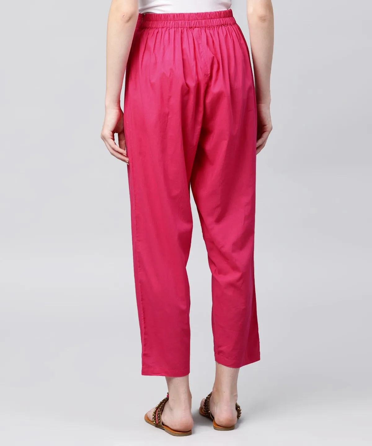 Solid Pink Ankle Length Cotton Regular Fit Trouser