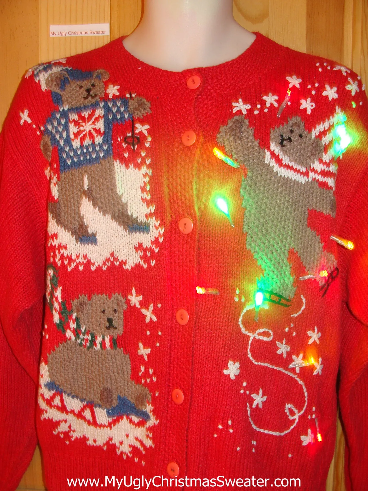 Tacky Light Up Christmas Sweater Bears Winter Sports Ski Sled Skate