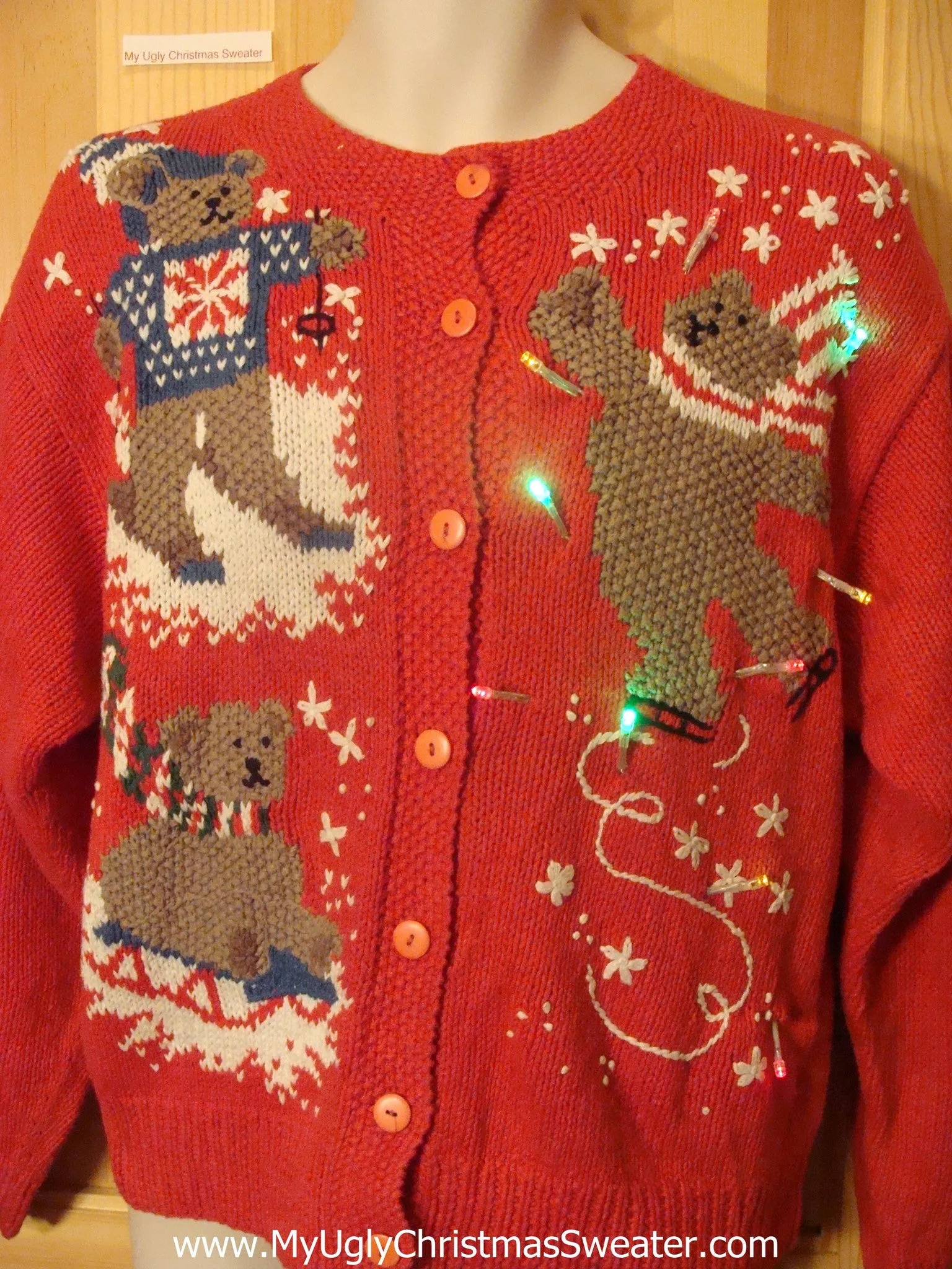 Tacky Light Up Christmas Sweater Bears Winter Sports Ski Sled Skate