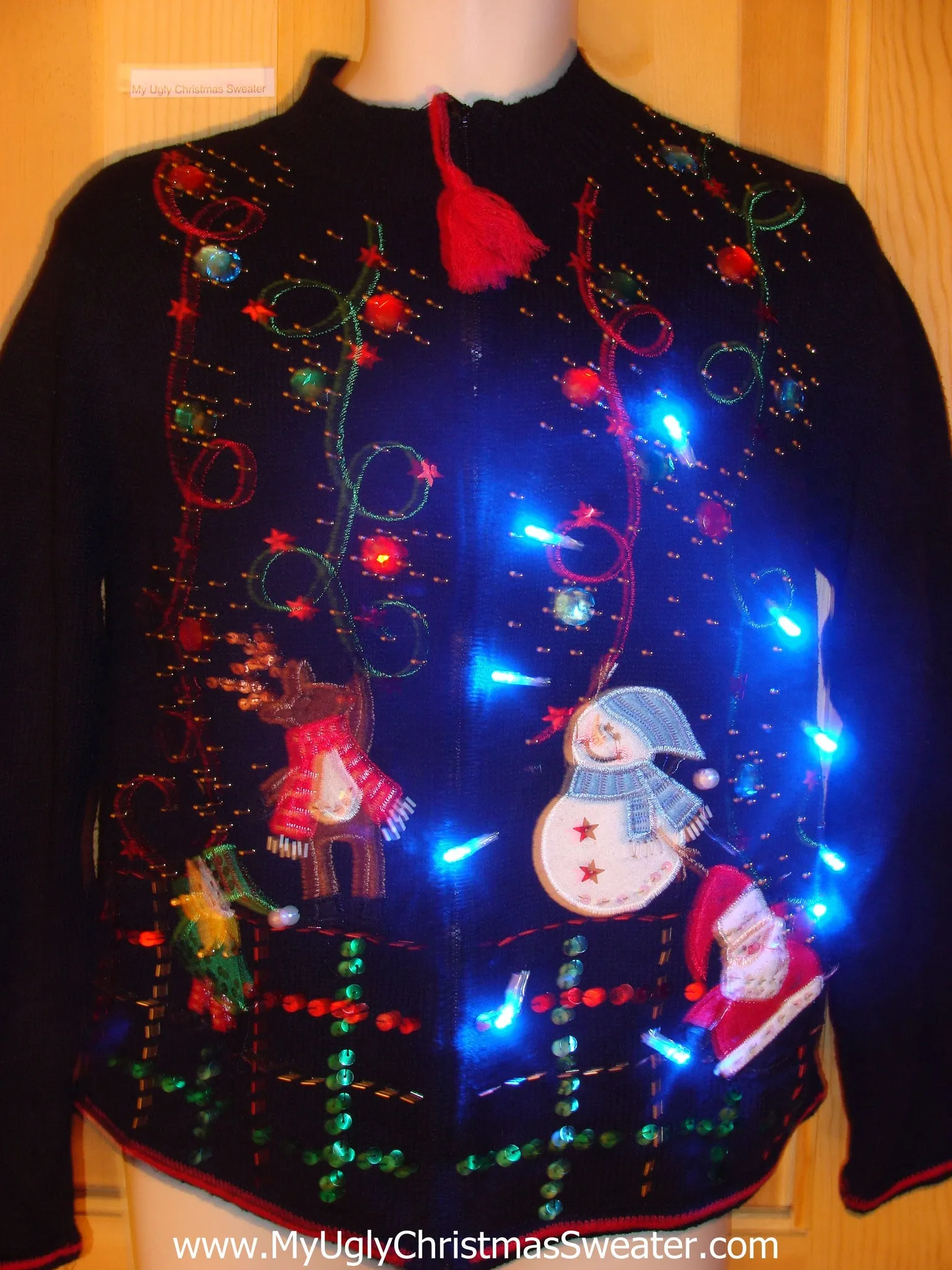 Tacky Light Up Christmas Sweater Bling Two Sided Snowmen