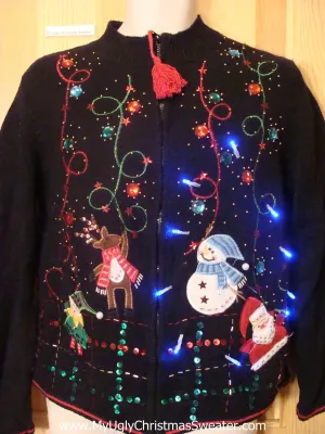 Tacky Light Up Christmas Sweater Bling Two Sided Snowmen