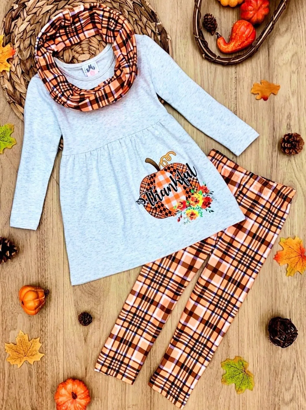 Thankful Pumpkin Tunic, Plaid Leggings And Scarf Set