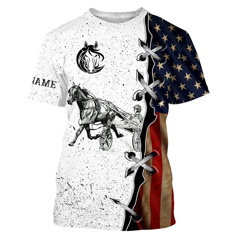 Vintage American Flag Custom Harness Racing 3D Long Sleeve Shirts, Horse Riding All Over Print Shirts