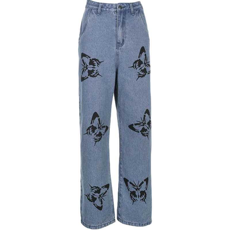 Vintage Jeans Woman Long Trousers Loose Butterfly Print Pants