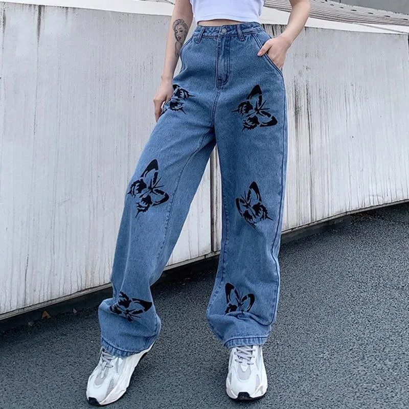 Vintage Jeans Woman Long Trousers Loose Butterfly Print Pants