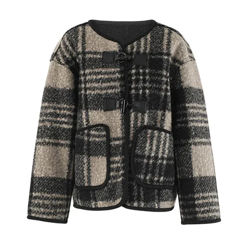 Wenkouban-Winter outfits Christmas Black Friday Round Neck Toggles Plaid Woolen Short Coat