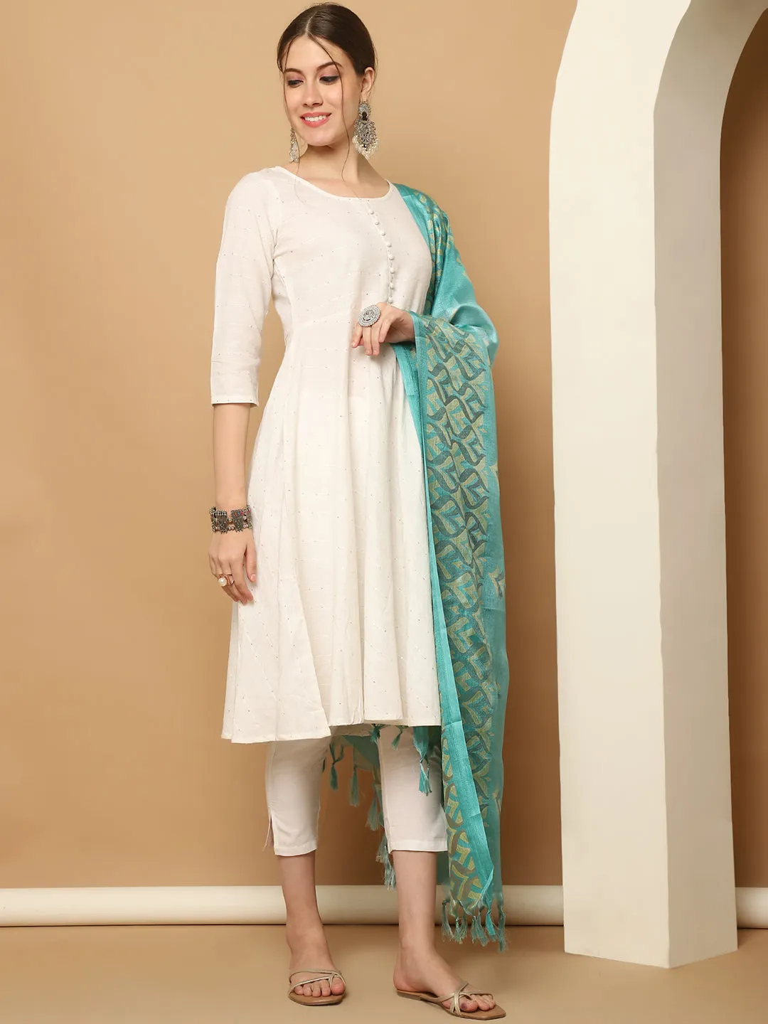 White Sequinned Kurta With Trousers & With Dupatta