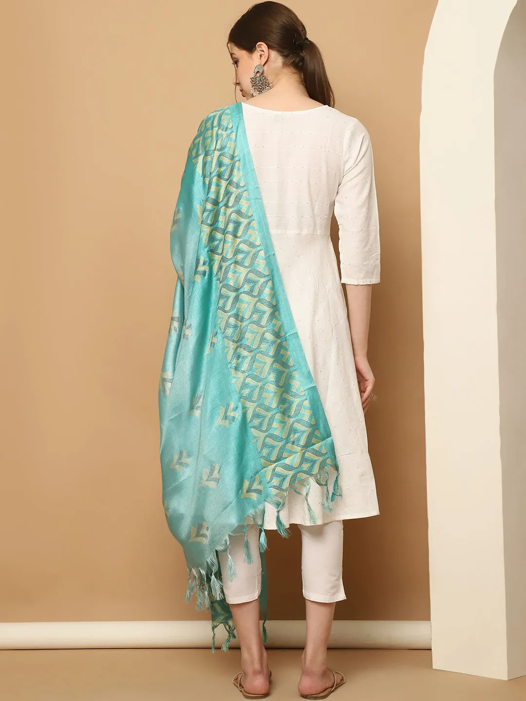 White Sequinned Kurta With Trousers & With Dupatta