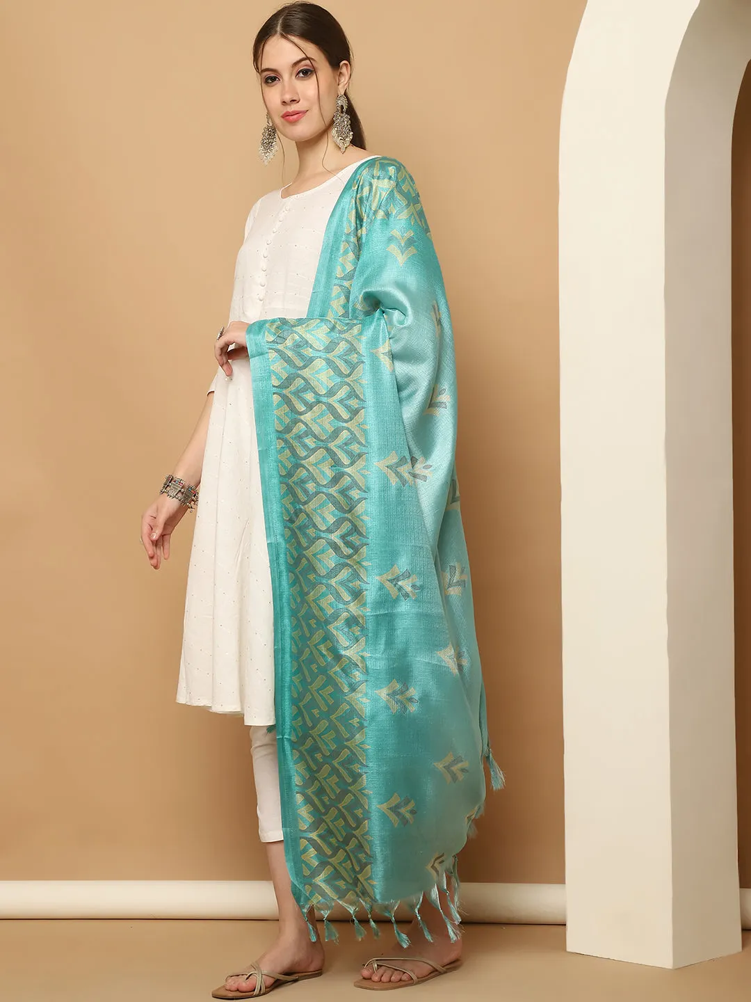 White Sequinned Kurta With Trousers & With Dupatta