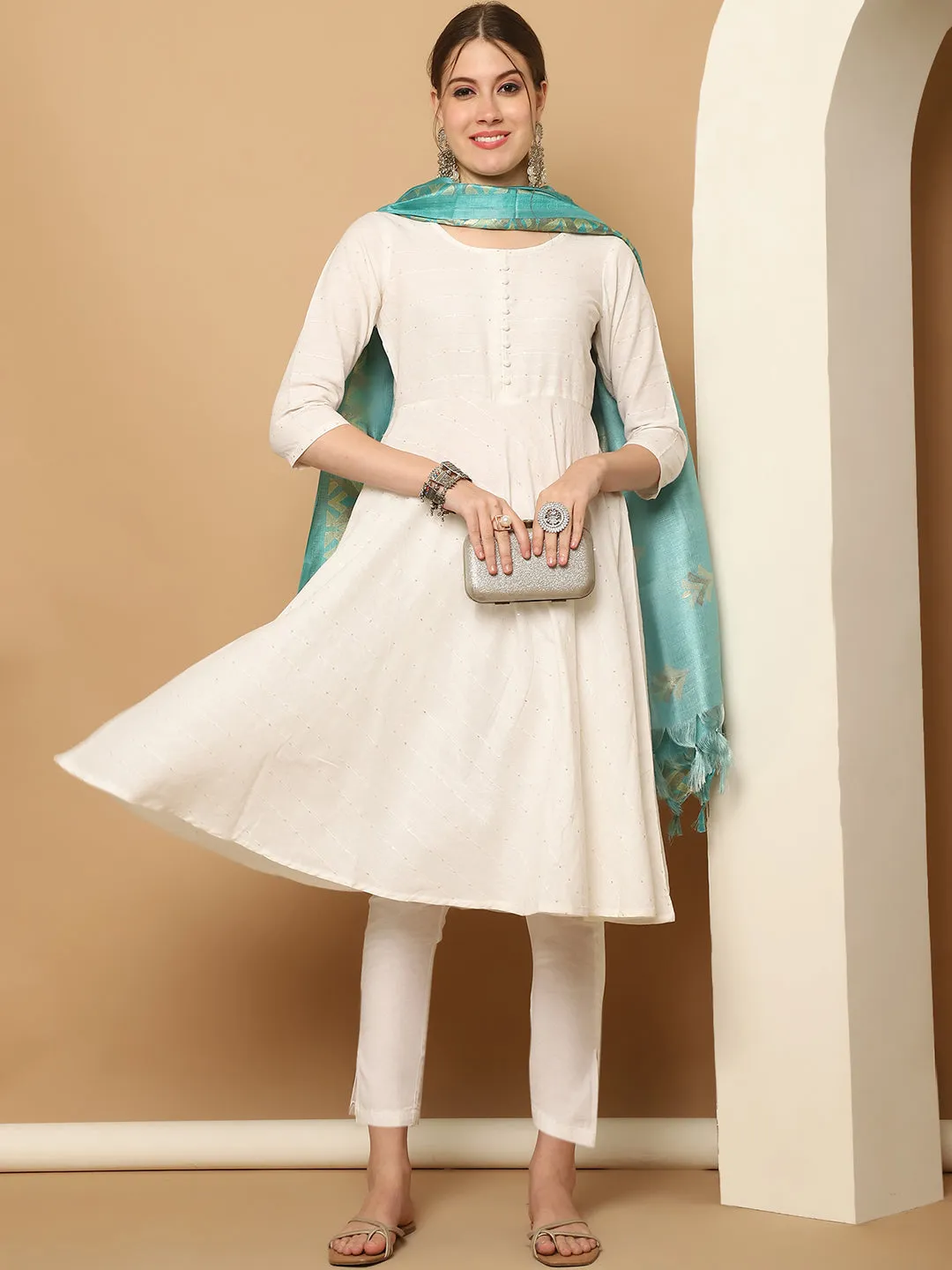 White Sequinned Kurta With Trousers & With Dupatta