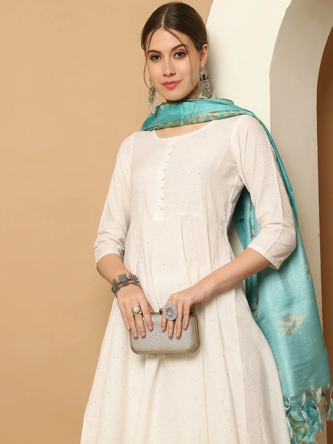 White Sequinned Kurta With Trousers & With Dupatta