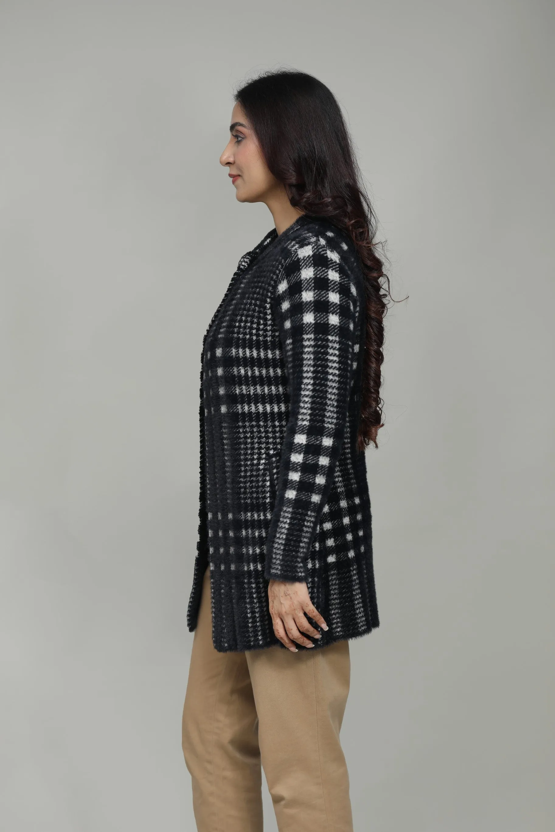 Winter Check Round Neck Long Coat for Women