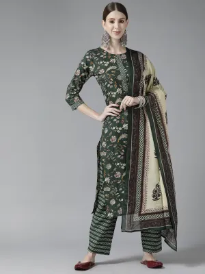 Women Green Cotton Kurta Set With Dupatta