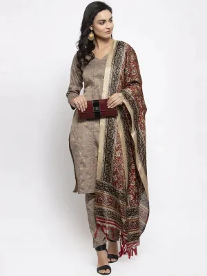 Women Grey Striped Kurta With Trousers & Red Printed Dupatta