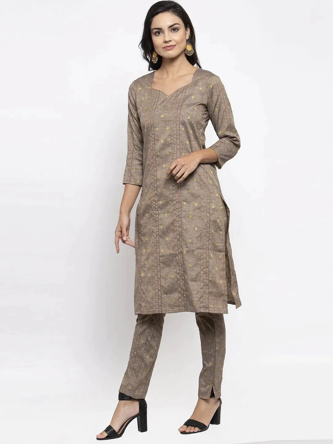 Women Grey Striped Kurta With Trousers & Red Printed Dupatta