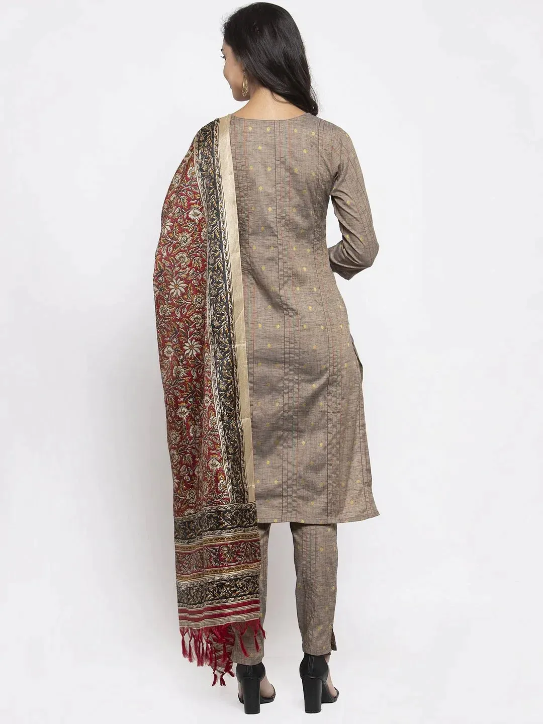 Women Grey Striped Kurta With Trousers & Red Printed Dupatta