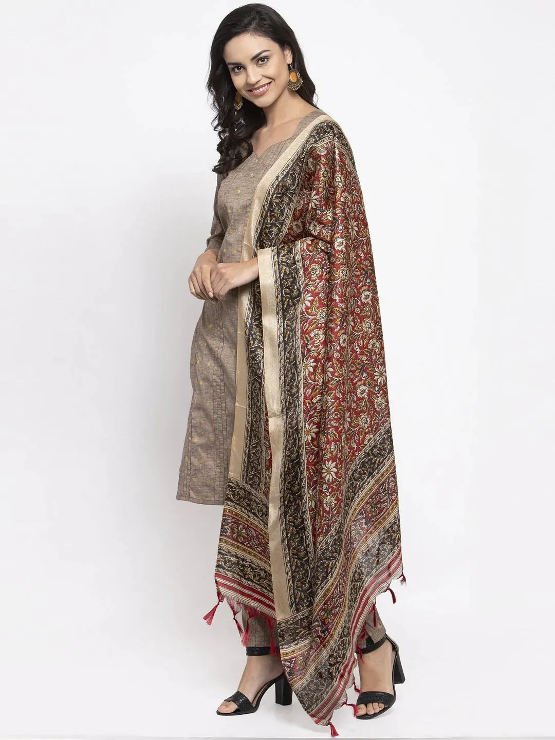 Women Grey Striped Kurta With Trousers & Red Printed Dupatta