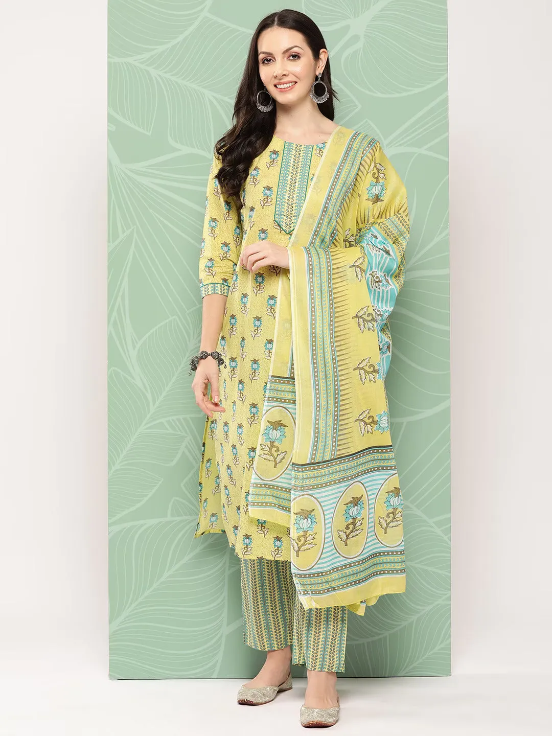 Women Olive Green Pure Cotton Kurta Set With Dupatta