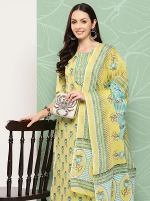 Women Olive Green Pure Cotton Kurta Set With Dupatta