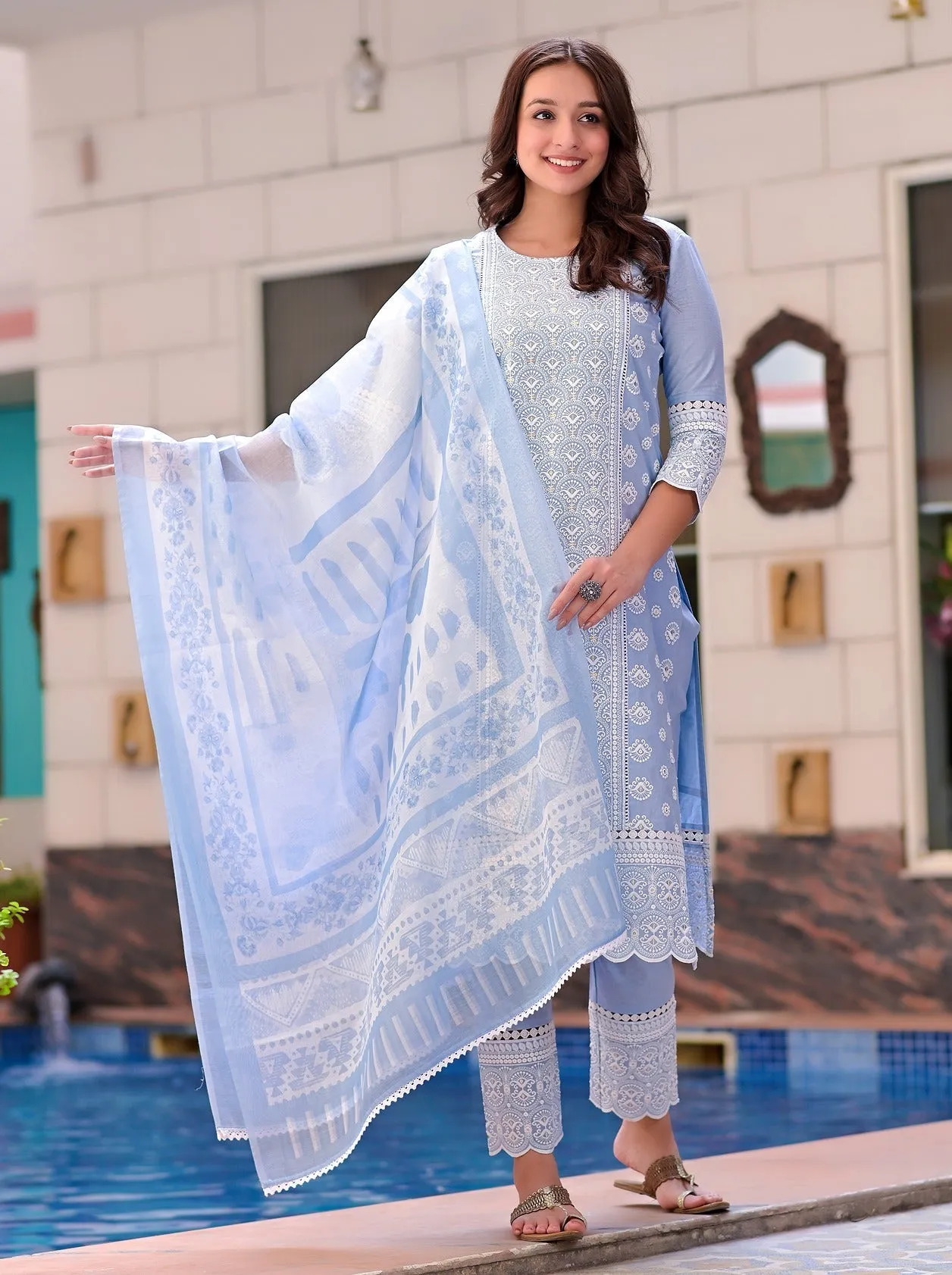 Women Sky Blue Embroidery Kurta With Trousers & Dupatta